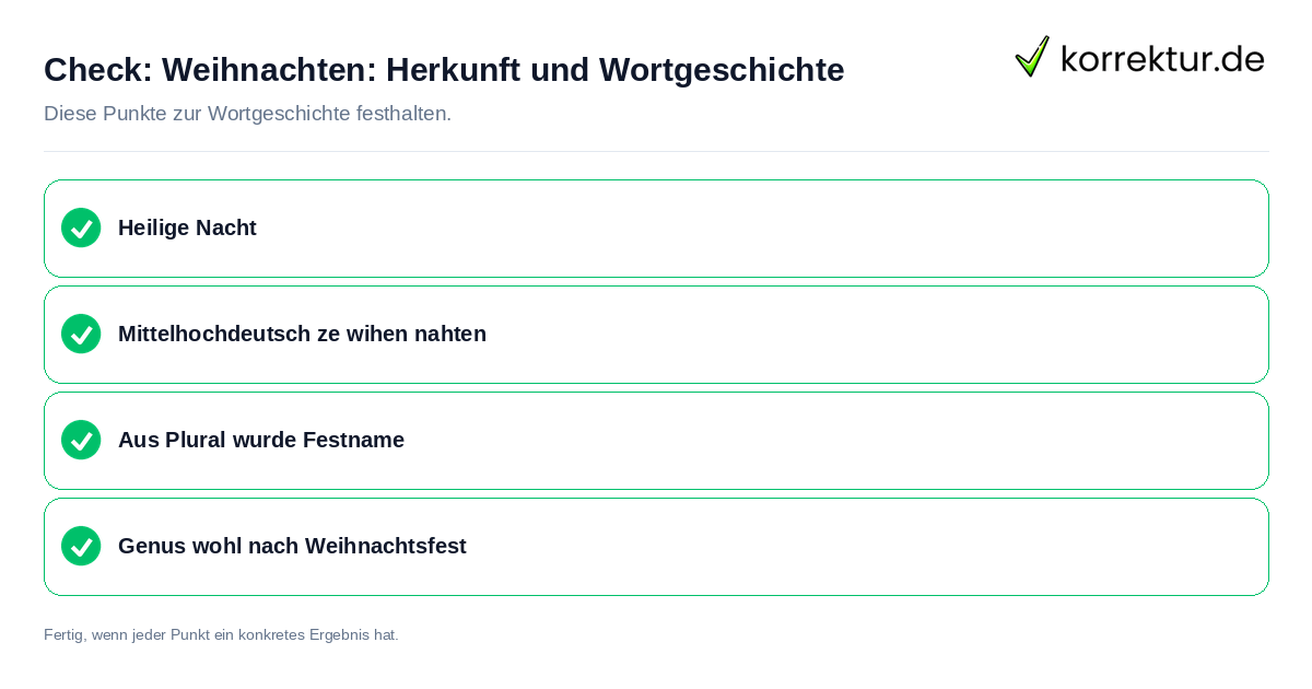 Weihnachten: Herkunft und Wortgeschichte: Prüfliste mit vier Punkten