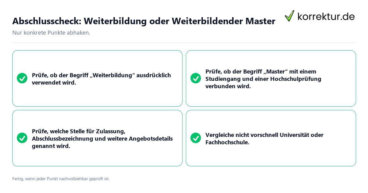 Konkreter Abschlusscheck zu Weiterbildung oder Weiterbildender Master