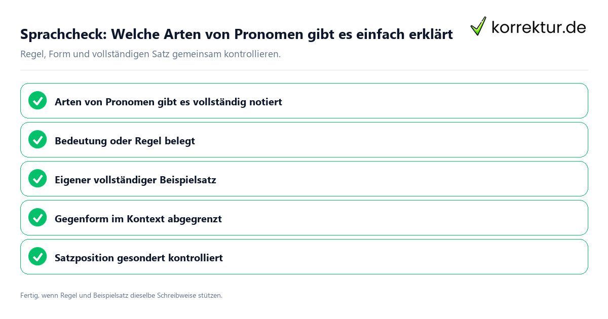 Konkreter Sprachcheck zu Welche Arten von Pronomen gibt es einfach erklärt mit Regel und vollständigem Beispielsatz