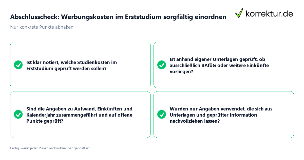 Konkreter Abschlusscheck zu Werbungskosten im Erststudium sorgfältig einordnen