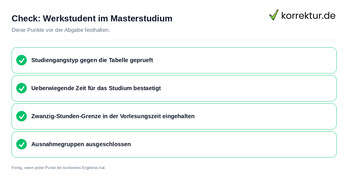 Werkstudent im Masterstudium: Prüfliste mit vier Punkten
