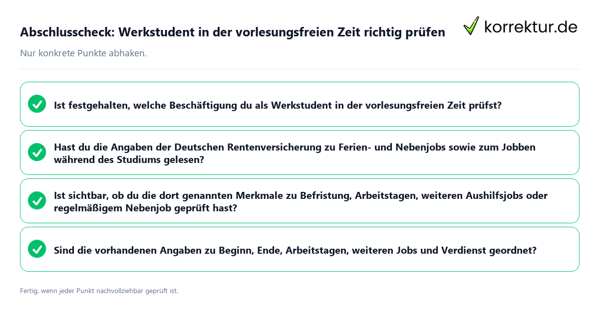 Konkreter Abschlusscheck zu Werkstudent in der vorlesungsfreien Zeit richtig prüfen