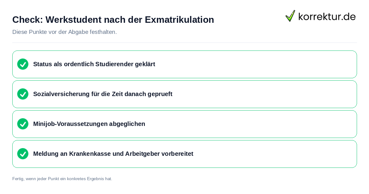 Werkstudent nach der Exmatrikulation: Prüfliste mit vier Punkten