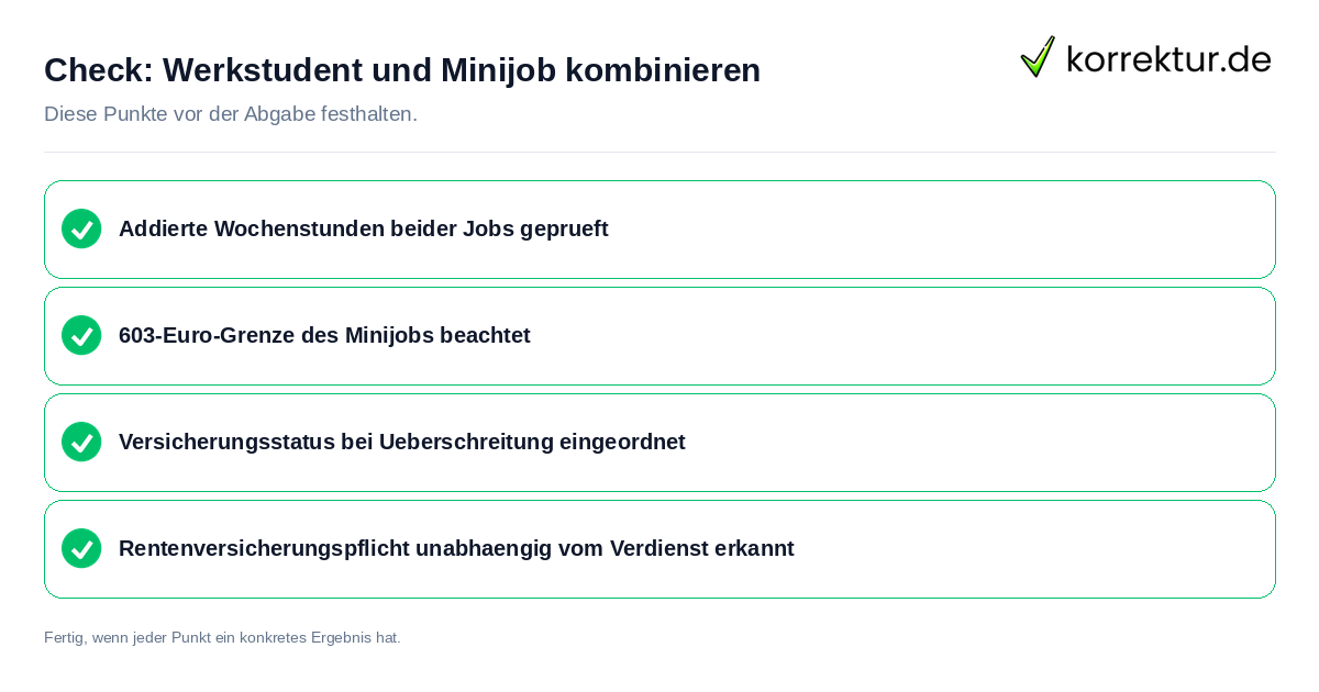 Werkstudent und Minijob kombinieren: Prüfliste mit vier Punkten