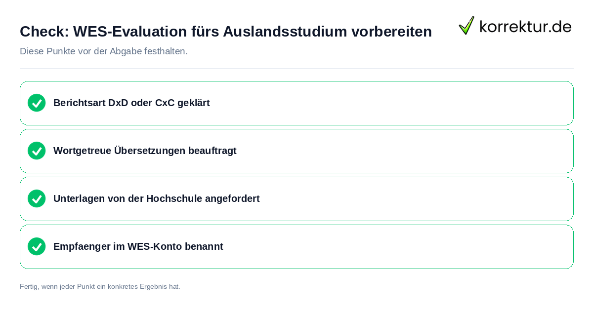 Check: WES-Evaluation fürs Auslandsstudium vorbereiten WES-Evaluation fürs Auslandsstudium vorbereiten: Prüfliste mit vier Punkten