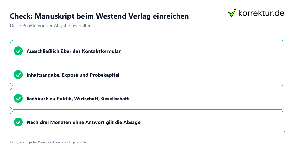 Manuskript beim Westend Verlag einreichen: Prüfliste mit vier Punkten