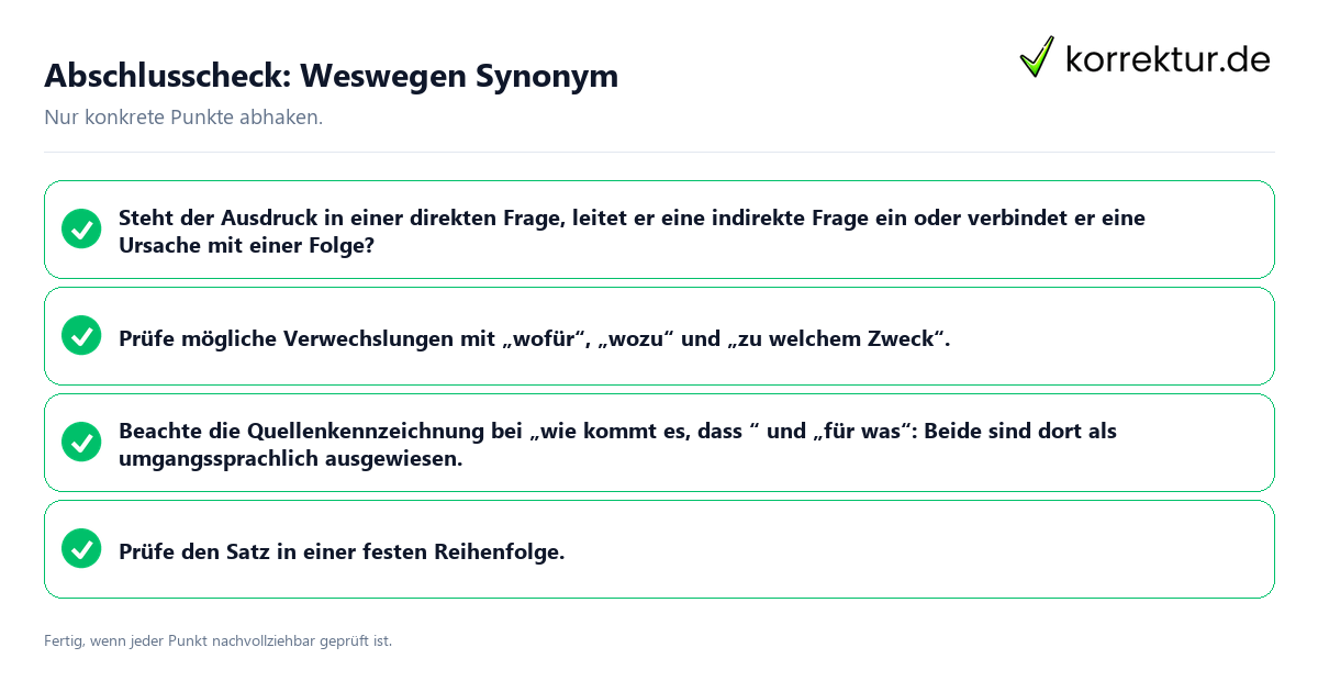 Abschlusscheck: Weswegen Synonym Konkreter Abschlusscheck zu Weswegen Synonym