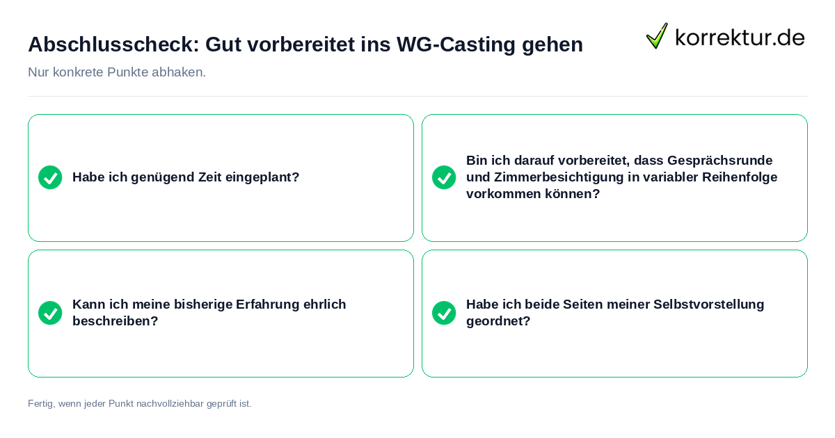 Abschlusscheck: Gut vorbereitet ins WG-Casting gehen Konkreter Abschlusscheck zu Gut vorbereitet ins WG-Casting gehen