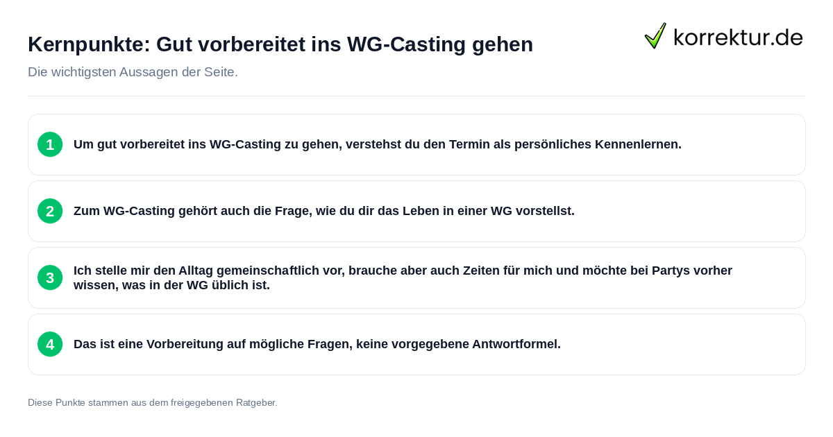 Kernpunkte: Gut vorbereitet ins WG-Casting gehen Konkrete Kernpunkte zu Gut vorbereitet ins WG-Casting gehen
