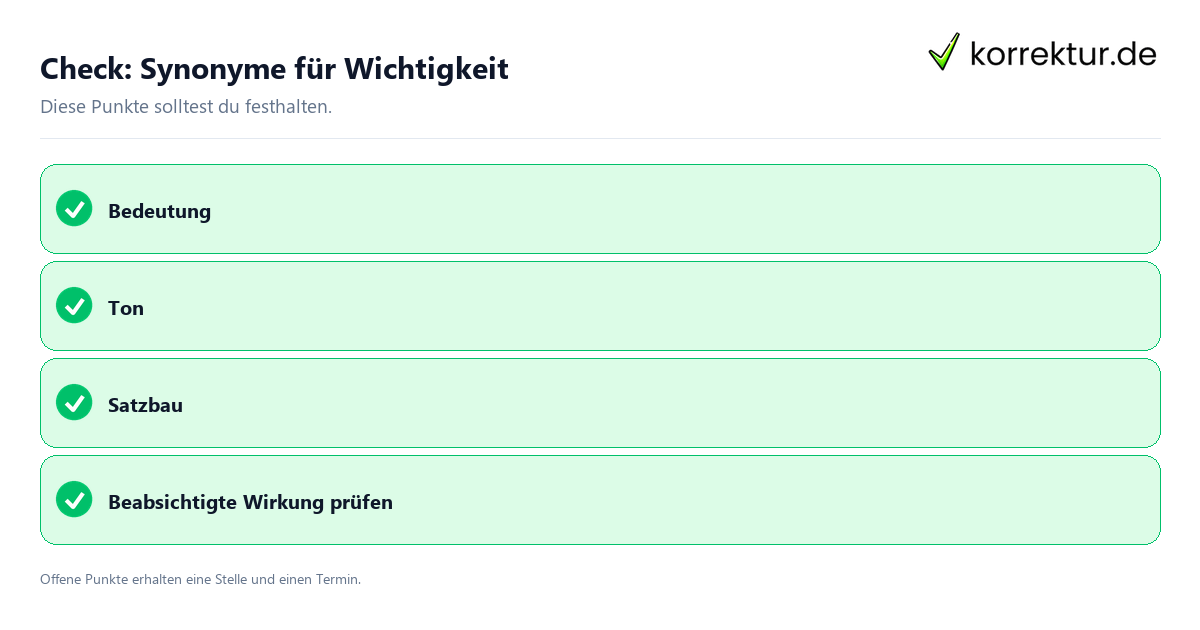Synonyme für Wichtigkeit mit Checkliste für Unterlagen und nächste Schritte