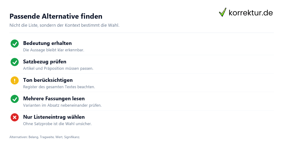 Passende Alternative finden Synonyme für Wichtigkeit im passenden Kontext nach Bedeutung und Ton vergleichen