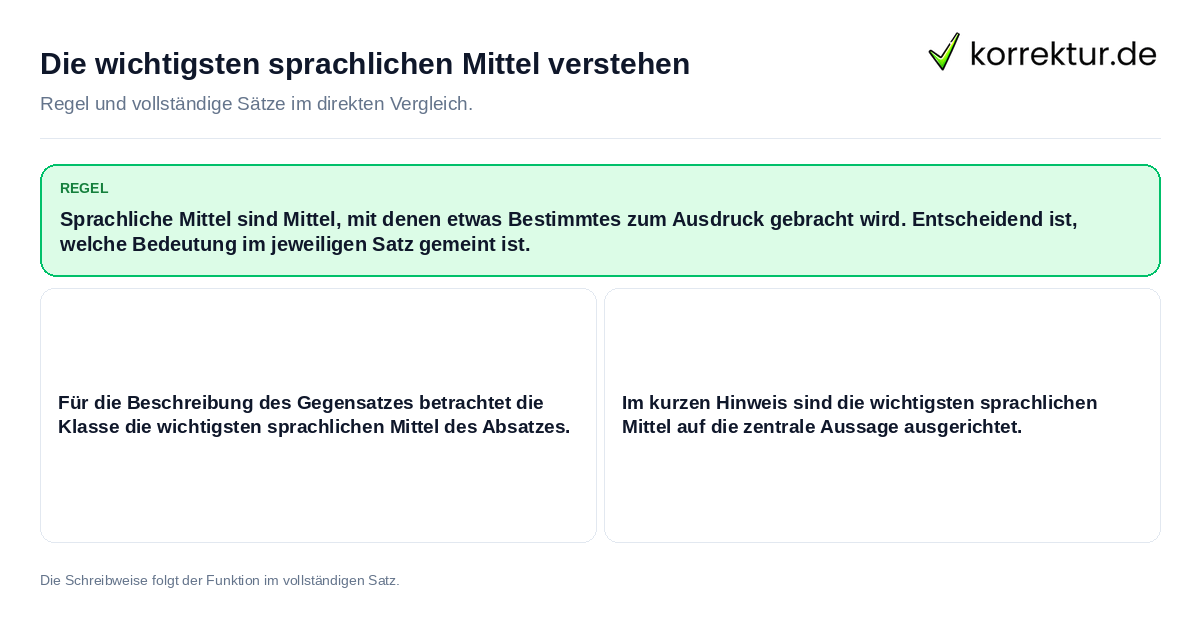 Konkrete Regel und vollständige Beispielsätze zu Die wichtigsten sprachlichen Mittel verstehen