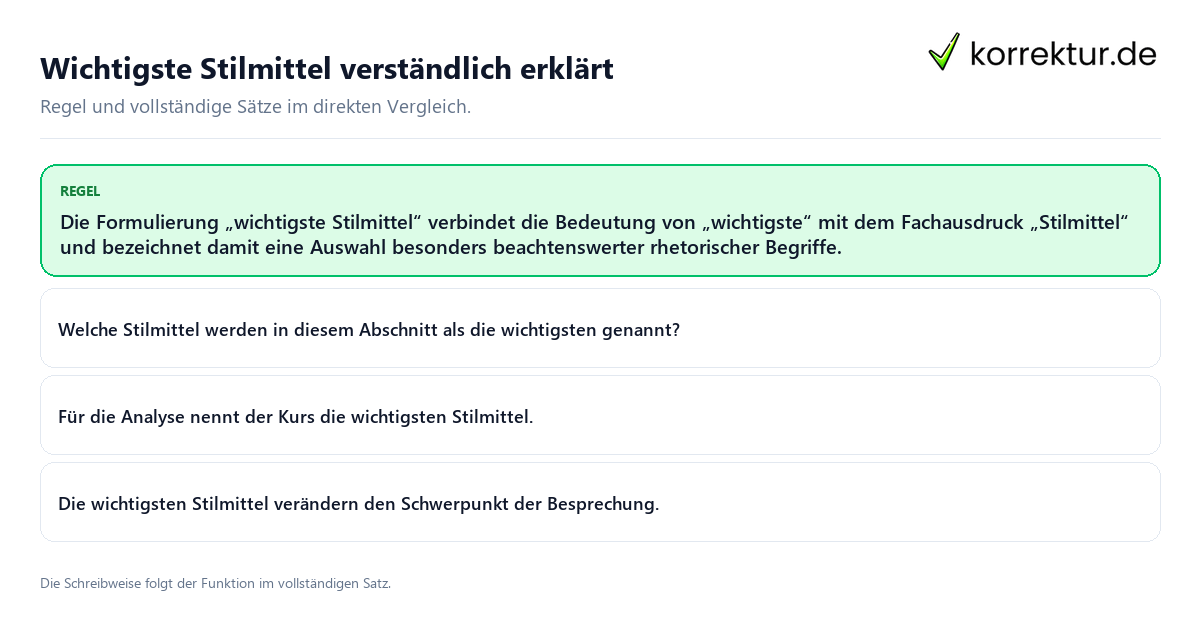 Konkrete Regel und vollständige Beispielsätze zu Wichtigste Stilmittel verständlich erklärt