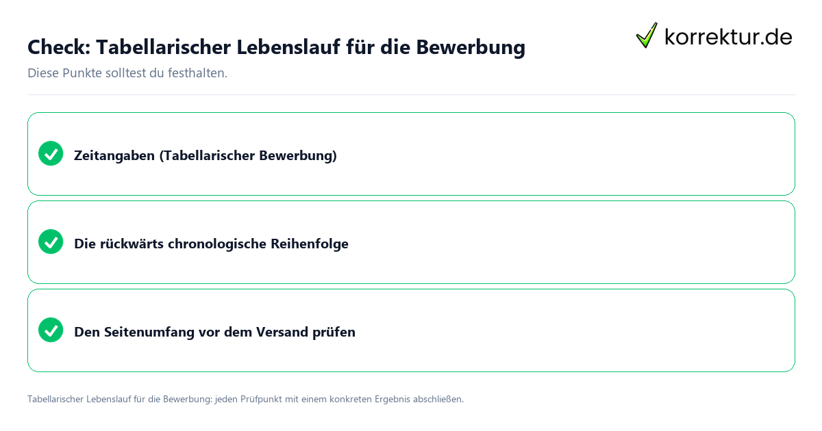 Tabellarischer Lebenslauf für die Bewerbung mit einer themenspezifischen Checkliste
