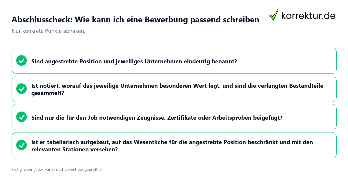 Konkreter Abschlusscheck zu Wie kann ich eine Bewerbung passend schreiben