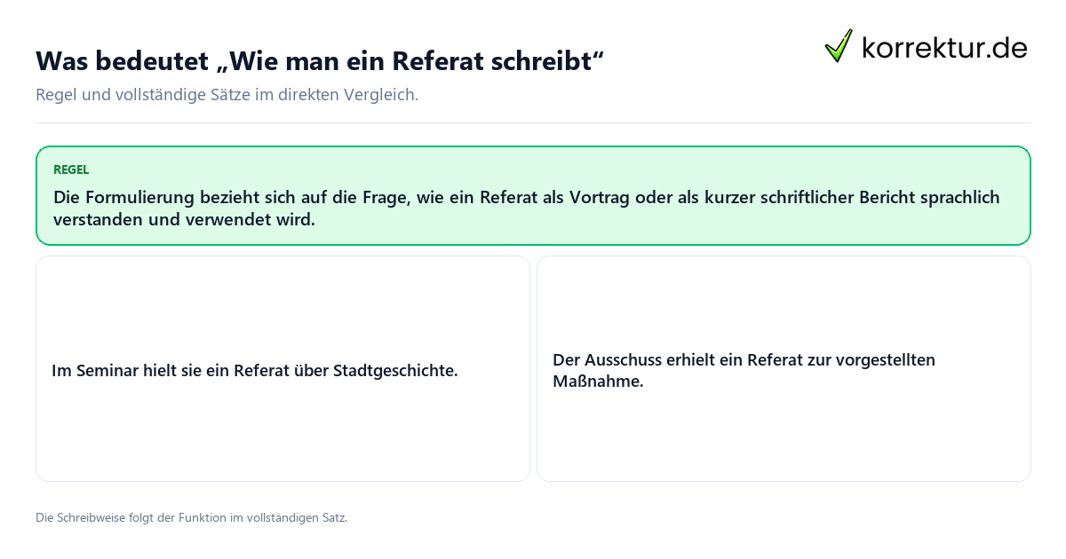 Was bedeutet „Wie man ein Referat schreibt“ Konkrete Regel und vollständige Beispielsätze zu Was bedeutet „Wie man ein Referat schreibt“