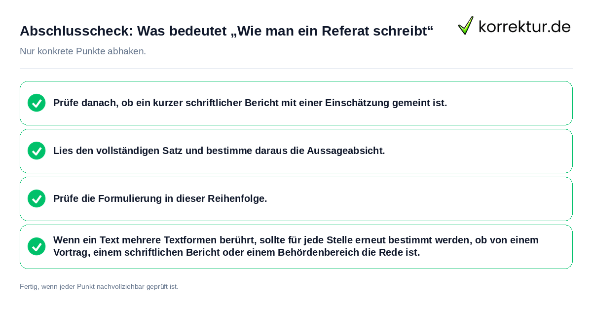 Konkreter Abschlusscheck zu Was bedeutet „Wie man ein Referat schreibt“