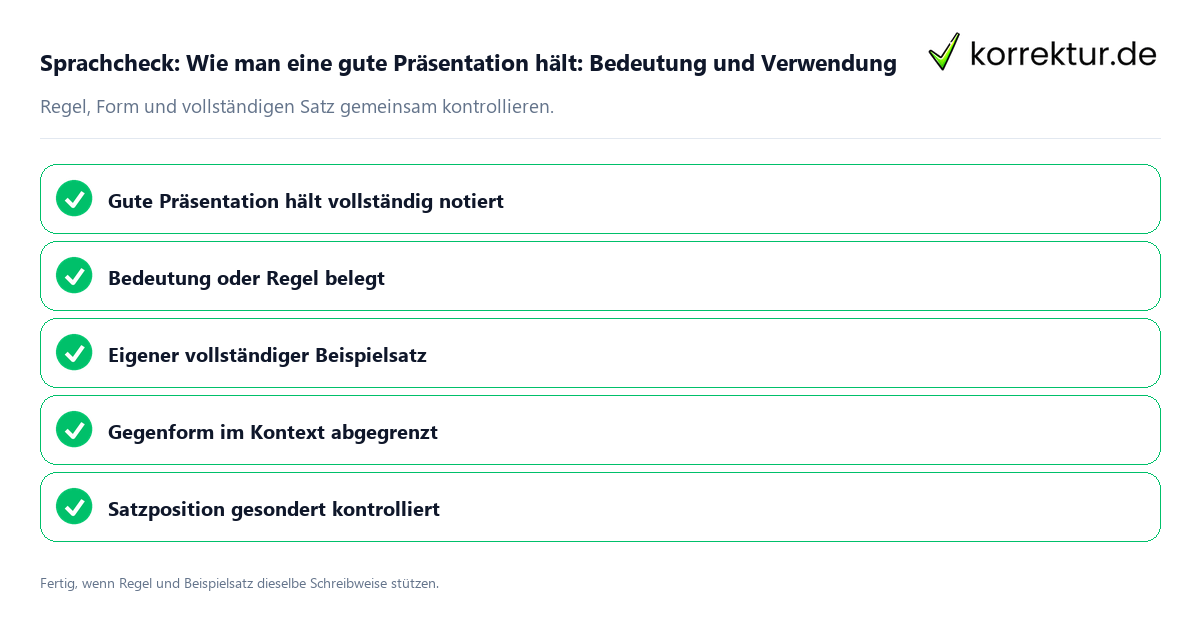 Konkreter Sprachcheck zu Wie man eine gute Präsentation hält: Bedeutung und Verwendung mit Regel und vollständigem Beispielsatz