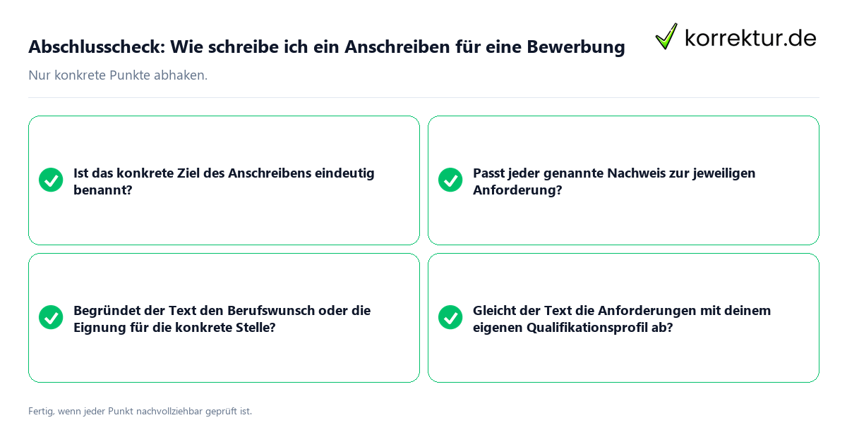Konkreter Abschlusscheck zu Wie schreibe ich ein Anschreiben für eine Bewerbung