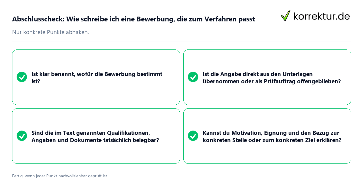 Konkreter Abschlusscheck zu Wie schreibe ich eine Bewerbung, die zum Verfahren passt