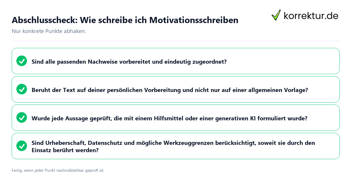 Konkreter Abschlusscheck zu Wie schreibe ich Motivationsschreiben