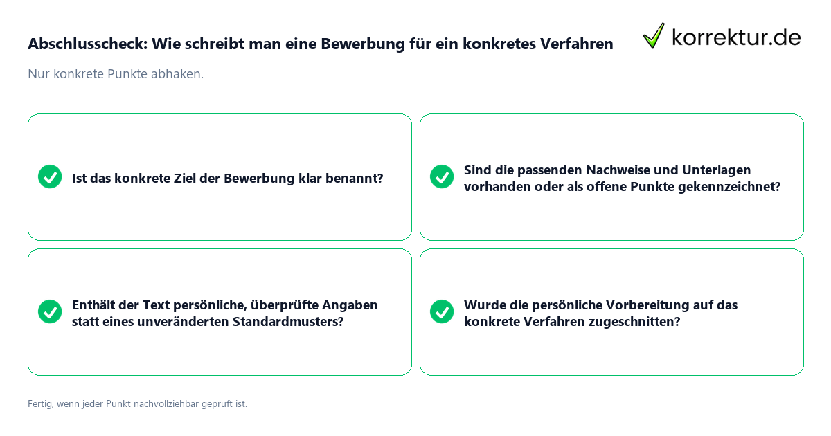 Konkreter Abschlusscheck zu Wie schreibt man eine Bewerbung für ein konkretes Verfahren