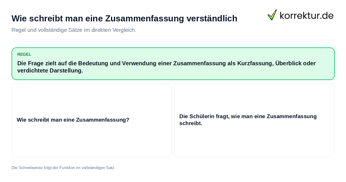 Konkrete Regel und vollständige Beispielsätze zu Wie schreibt man eine Zusammenfassung verständlich