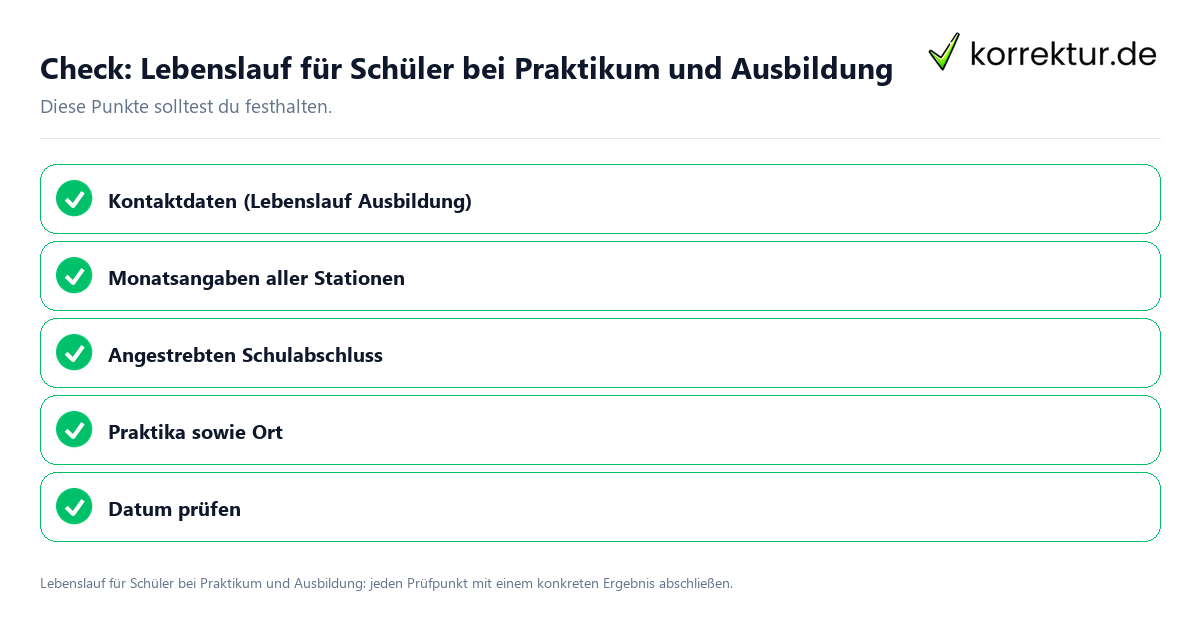 Lebenslauf für Schüler bei Praktikum und Ausbildung mit einer themenspezifischen Checkliste
