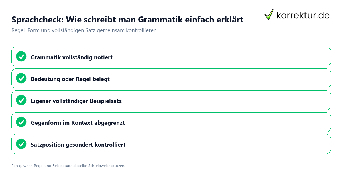 Konkreter Sprachcheck zu Wie schreibt man Grammatik einfach erklärt mit Regel und vollständigem Beispielsatz