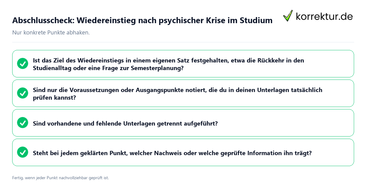 Konkreter Abschlusscheck zu Wiedereinstieg nach psychischer Krise im Studium