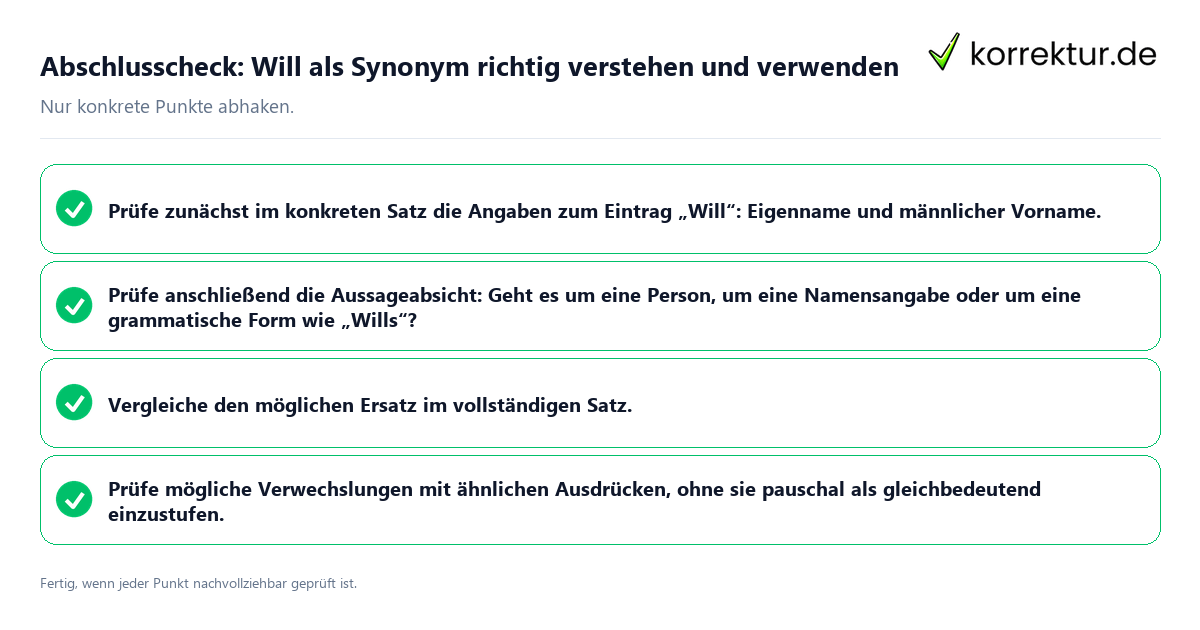 Konkreter Abschlusscheck zu Will als Synonym richtig verstehen und verwenden