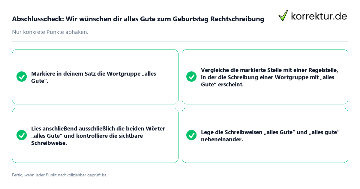 Konkreter Abschlusscheck zu Wir wünschen dir alles Gute zum Geburtstag Rechtschreibung