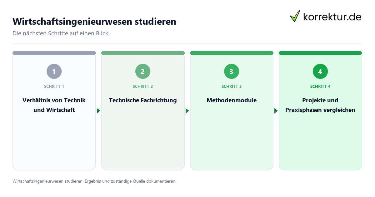 Wirtschaftsingenieurwesen studieren mit einem Ablauf aus Prüfung, Kontakt und Dokumentation