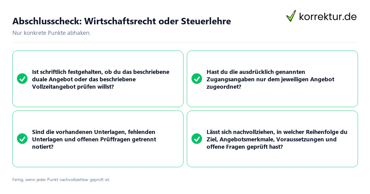 Konkreter Abschlusscheck zu Wirtschaftsrecht oder Steuerlehre
