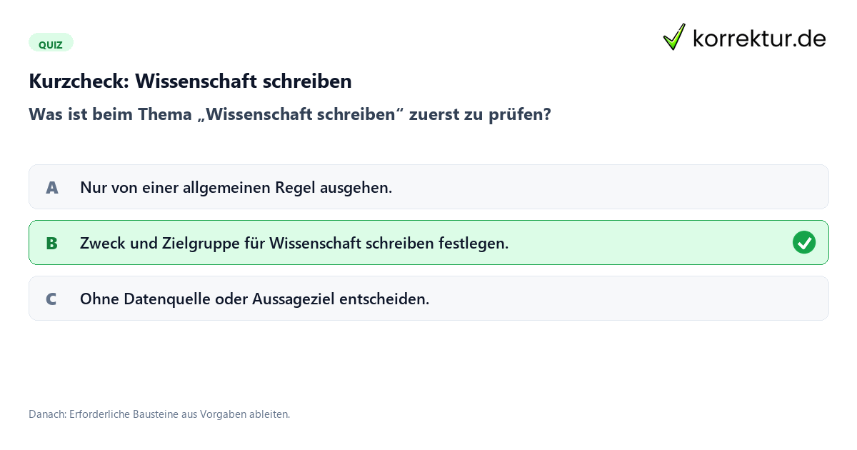 Wissenschaft schreiben mit einem Kurzquiz zum sinnvollen nächsten Schritt