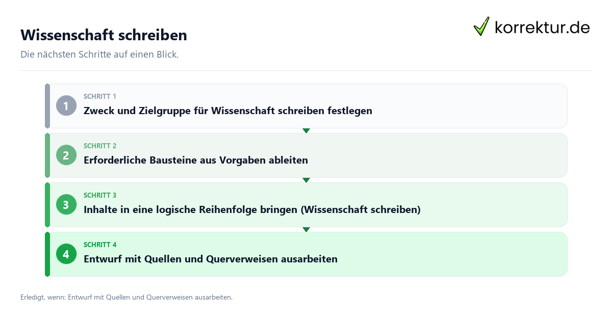Wissenschaft schreiben mit einem Ablauf aus Prüfung, Kontakt und Dokumentation