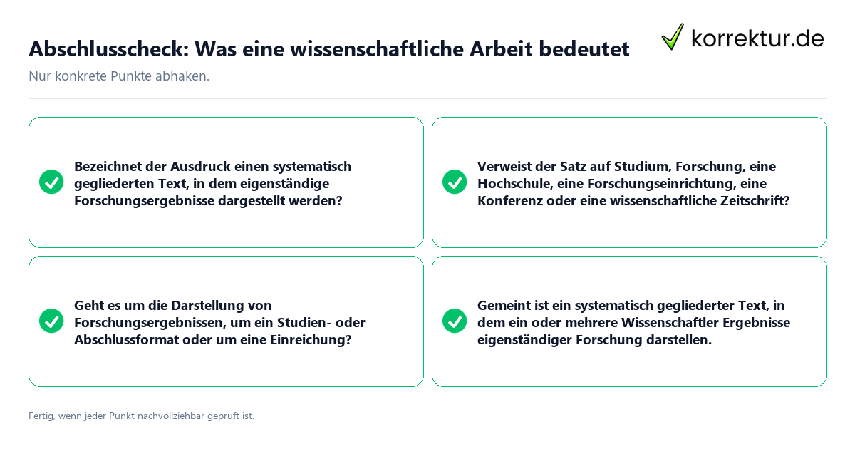 Konkreter Abschlusscheck zu Was eine wissenschaftliche Arbeit bedeutet
