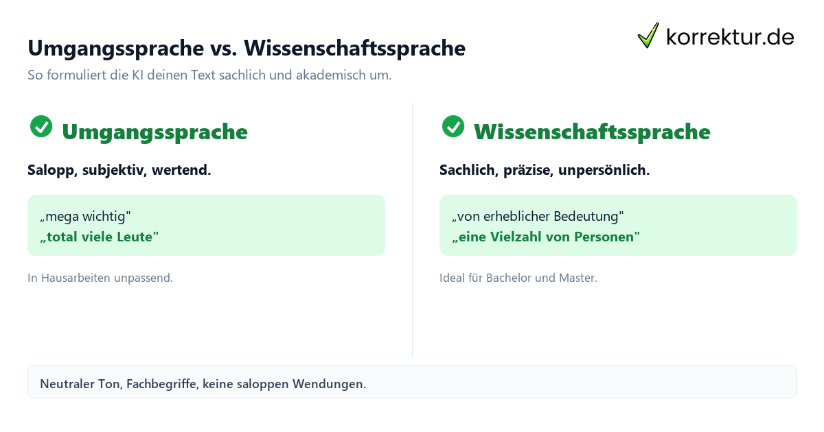 Umgangssprache vs. Wissenschaftssprache Text wissenschaftlich formulieren mit KI online: Umgangssprache vs. Wissenschaftssprache