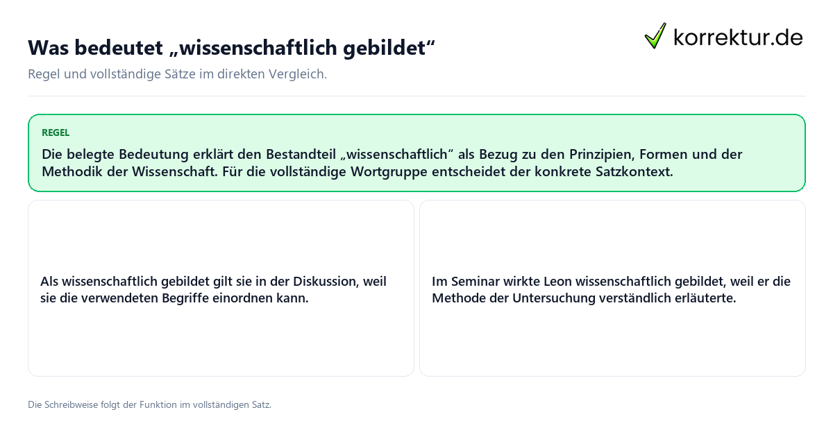 Was bedeutet „wissenschaftlich gebildet“ Konkrete Regel und vollständige Beispielsätze zu Was bedeutet „wissenschaftlich gebildet“