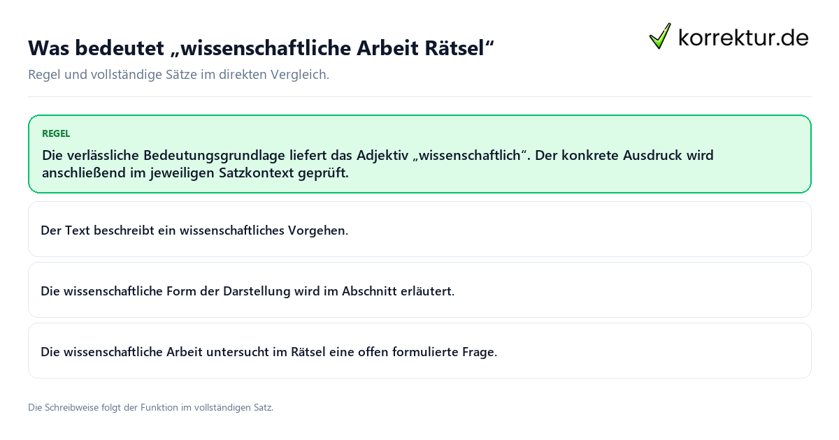 Konkrete Regel und vollständige Beispielsätze zu Was bedeutet „wissenschaftliche Arbeit Rätsel“