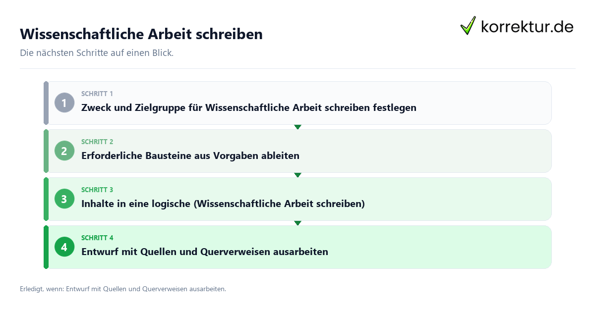 Wissenschaftliche Arbeit schreiben mit einem Ablauf aus Prüfung, Kontakt und Dokumentation