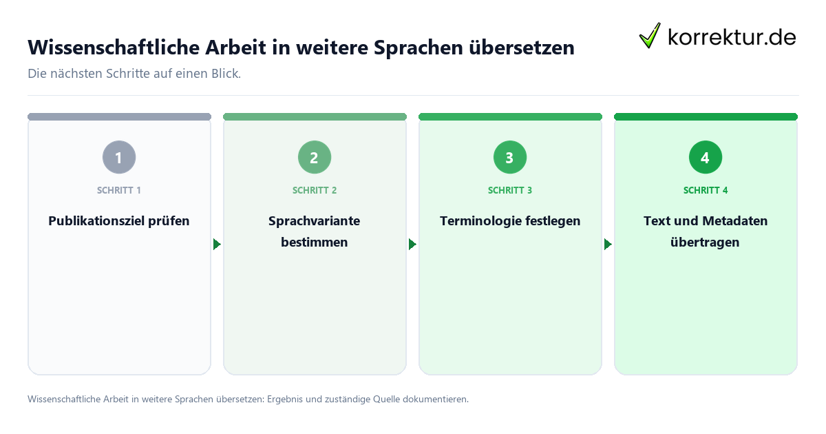 Wissenschaftliche Arbeit in weitere Sprachen übersetzen mit einem Ablauf aus Prüfung, Kontakt und Dokumentation