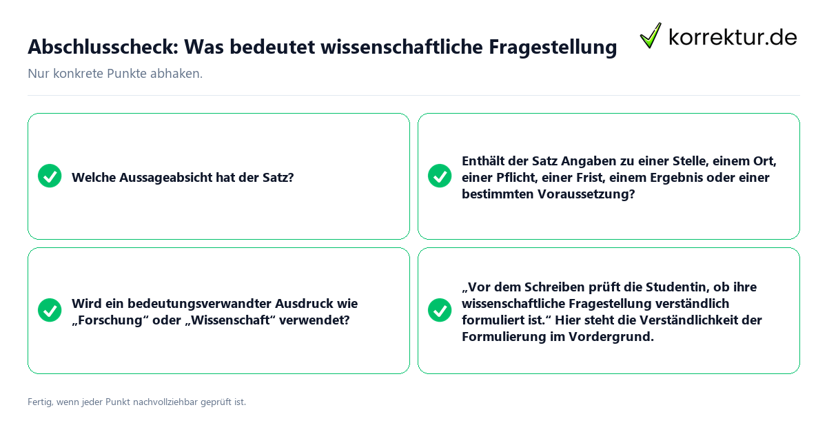 Konkreter Abschlusscheck zu Was bedeutet wissenschaftliche Fragestellung