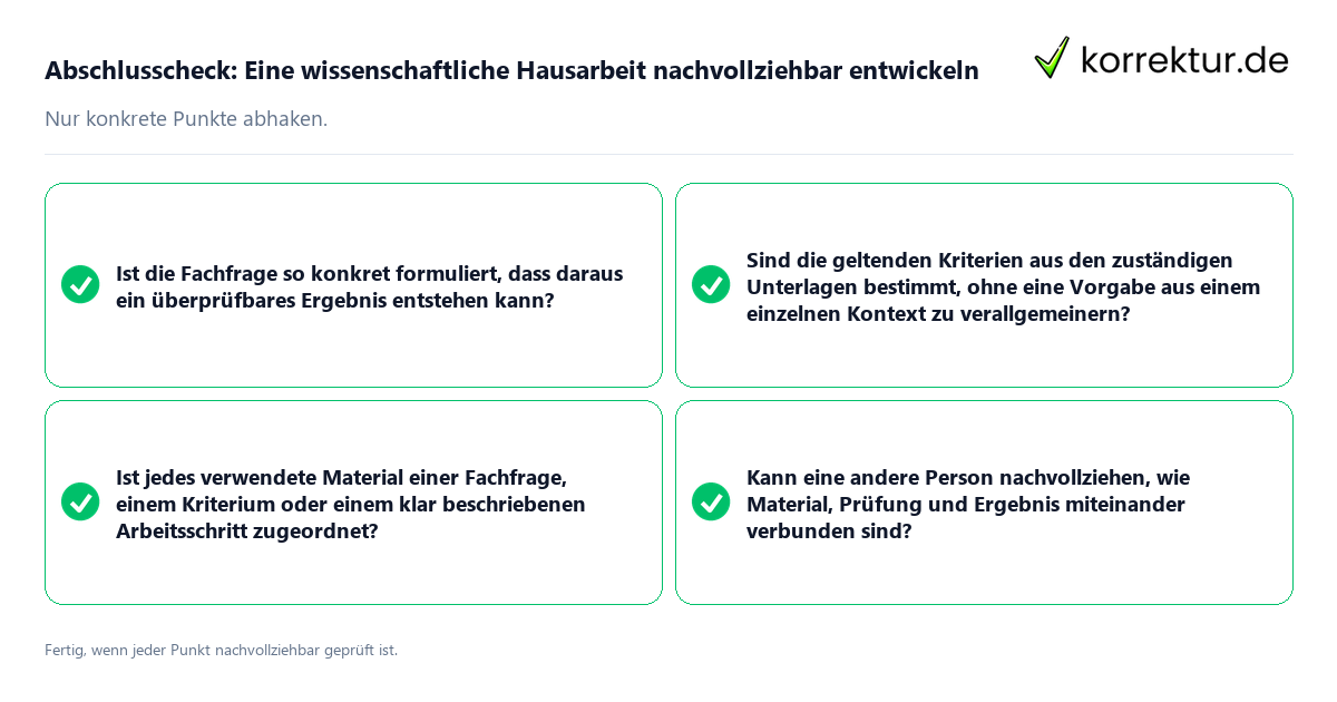 Konkreter Abschlusscheck zu Eine wissenschaftliche Hausarbeit nachvollziehbar entwickeln