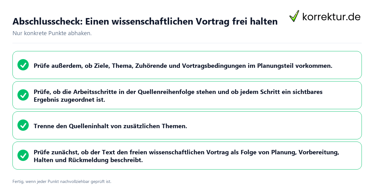 Konkreter Abschlusscheck zu Einen wissenschaftlichen Vortrag frei halten