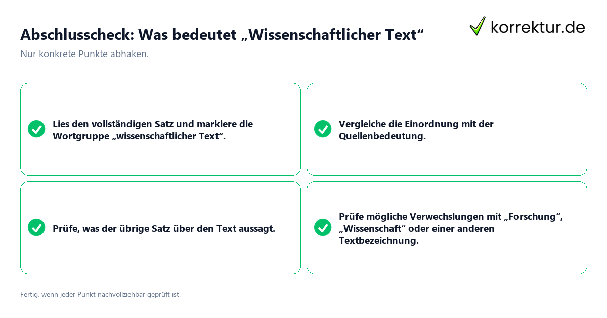 Konkreter Abschlusscheck zu Was bedeutet „Wissenschaftlicher Text“