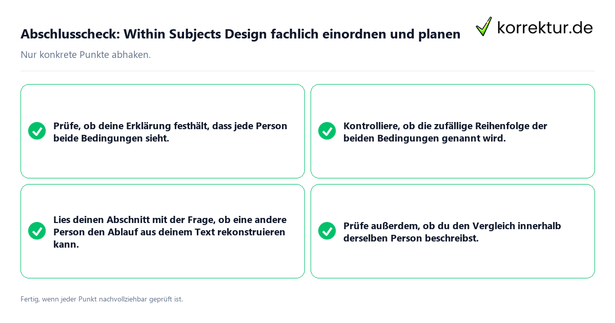 Abschlusscheck: Within Subjects Design fachlich einordnen und planen Konkreter Abschlusscheck zu Within Subjects Design fachlich einordnen und planen