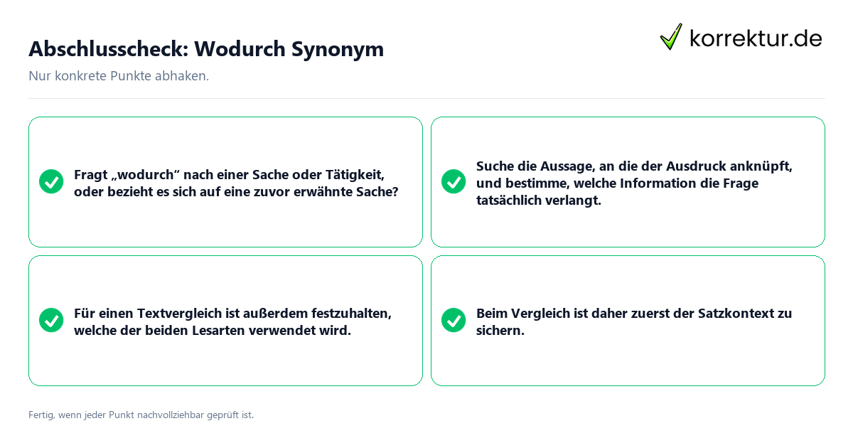 Abschlusscheck: Wodurch Synonym Konkreter Abschlusscheck zu Wodurch Synonym