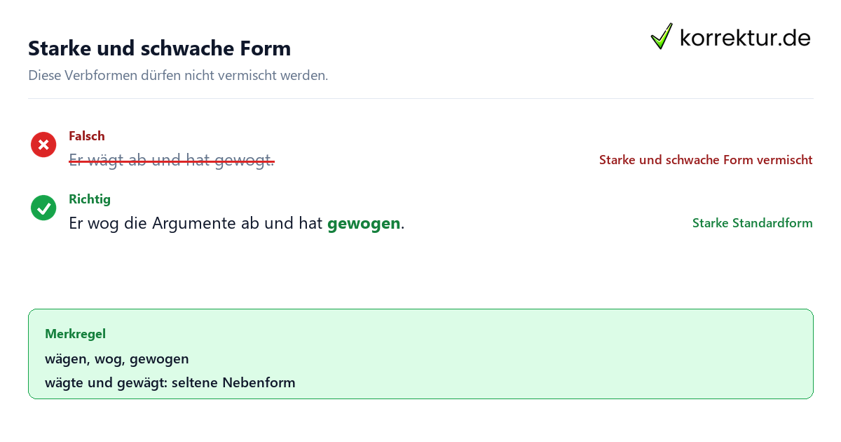 Starke und schwache Form Wog oder wägte, typische Fehler bei der Konjugation von wägen