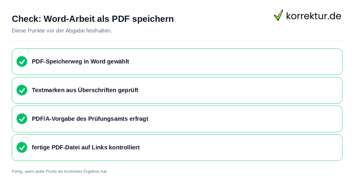 Word-Arbeit als PDF speichern: Prüfliste mit vier Punkten